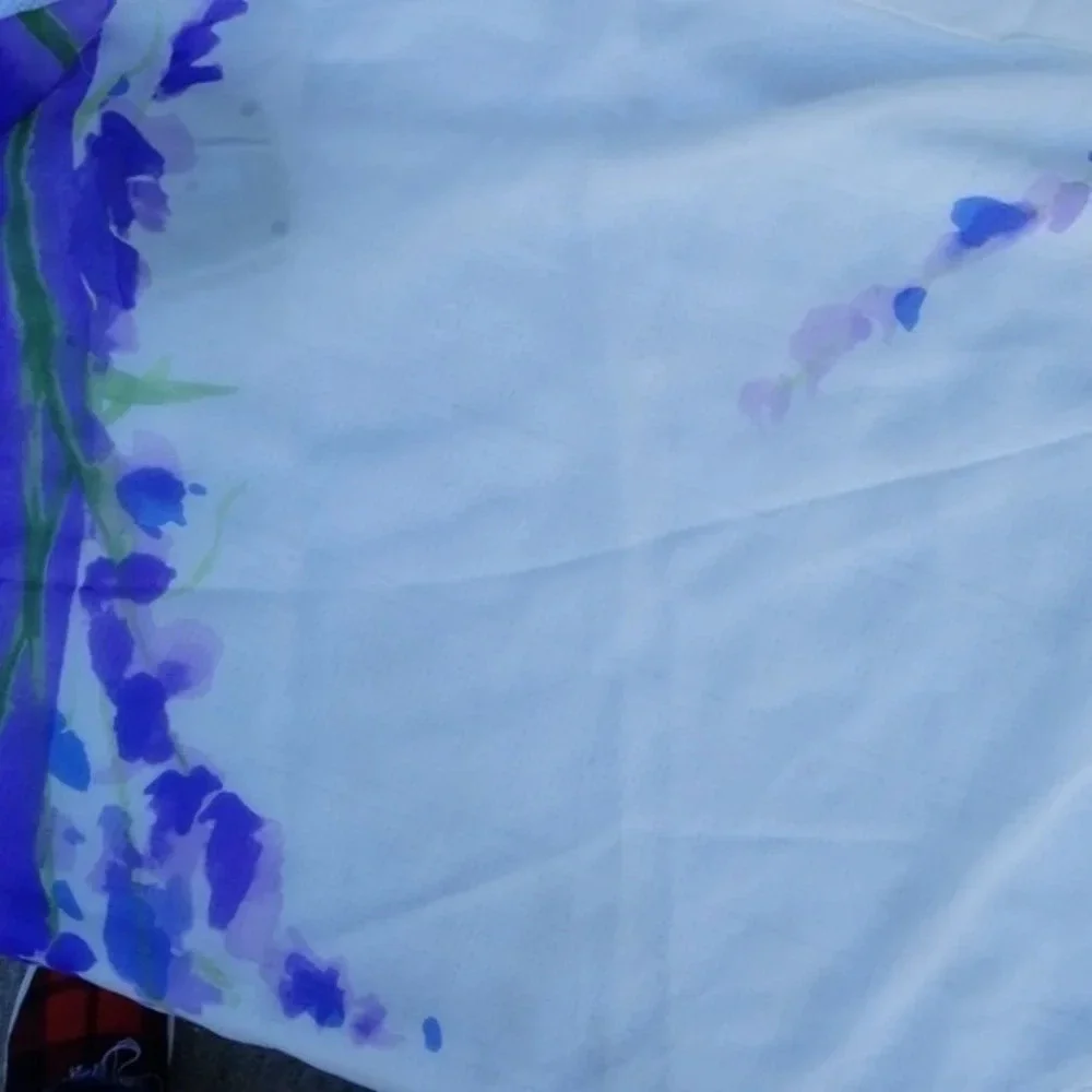 Vintage Silk Organza Watercolor Floral Scarf Sheer Lavender Green Wrap